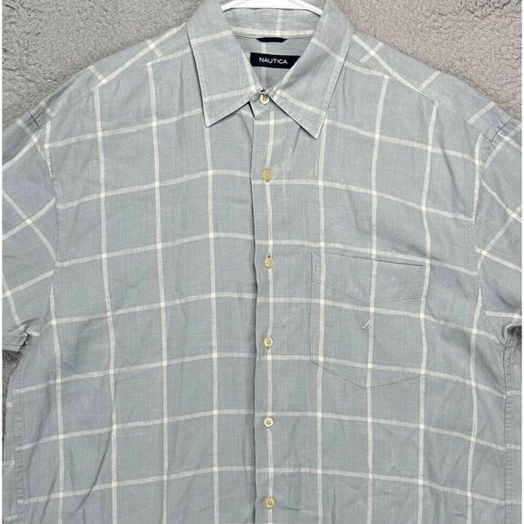 Nautica Shirt Adult‎ Large Light Grey Check Button Up Short Sleeve Pocket Mens - Picture 1 of 12